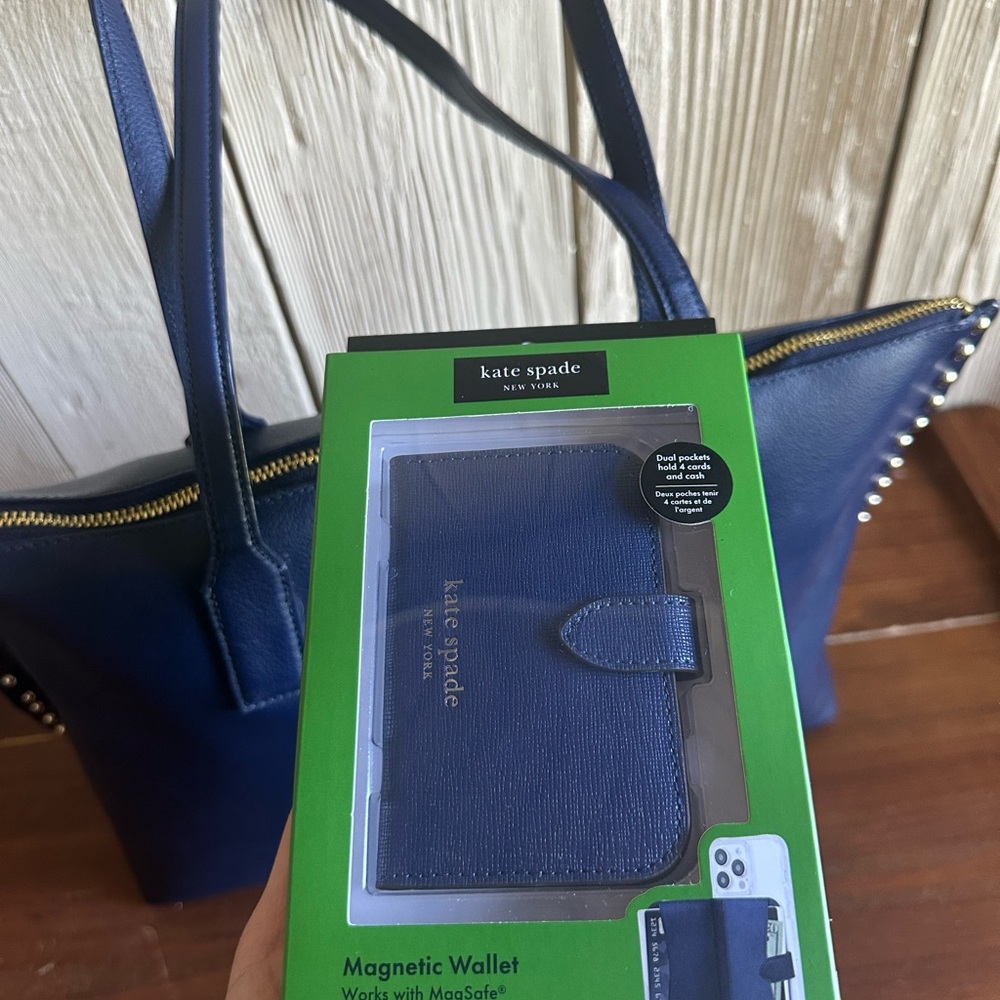 Kate Spade On Purpose Navy Leather Studded Tote Rwanda + MagSafe Wallet NWT - Picture 8 of 12